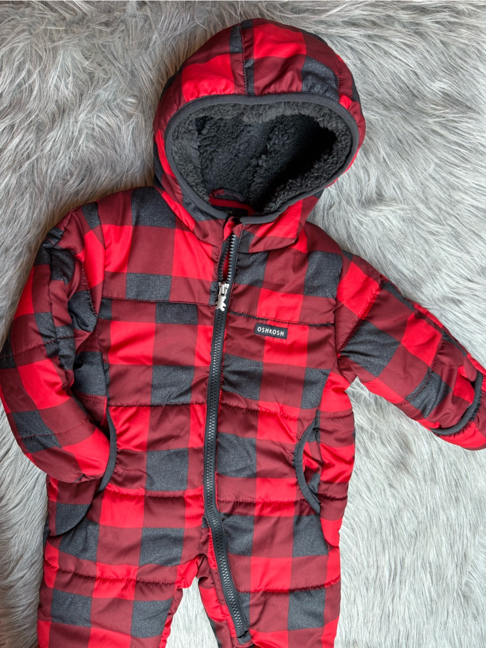OshKosh Red & Black Buffalo Plaid Puffer Snowsuit 12 Months